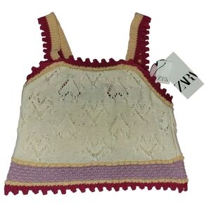 Zara Ivory Eyelet Crochet Button-Back Cropped Tank Sweater Sz Med